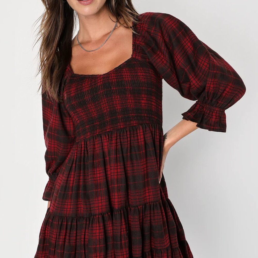 Lulus - No One Cuter Red and Black Plaid Puff Sleeve Tiered Mini Dress - Size S - Picture 3 of 7